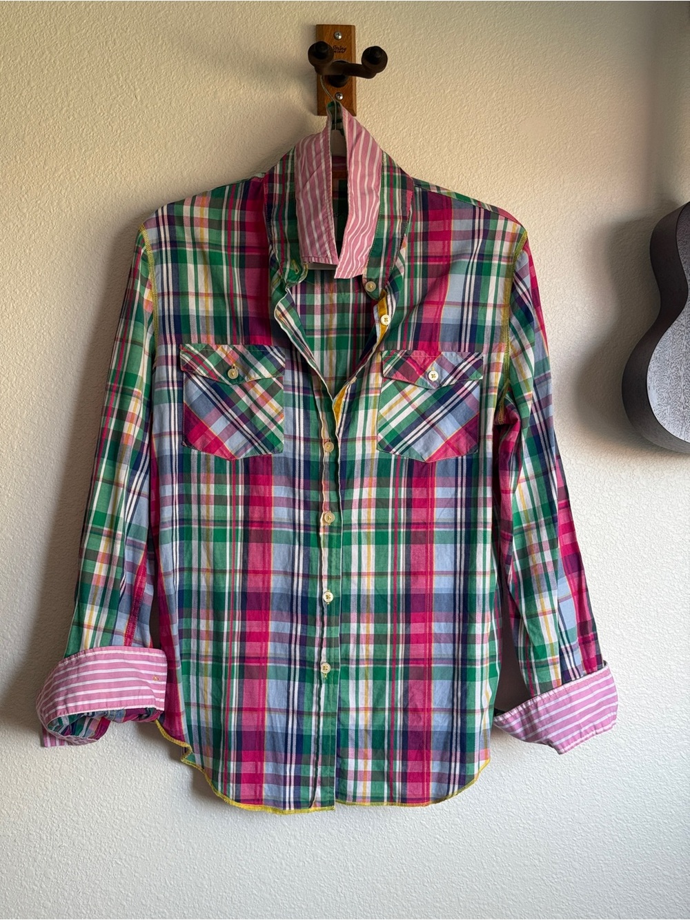 Arnold Zimberg Plaid Cotton Button Down Shirt Velour Trim Gold Thread